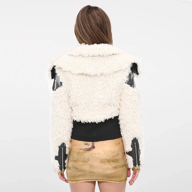 CHICEVER Winter Colorblock Loose Long Sleeve Patchwork Zippers Fur Jackets For Women 2023