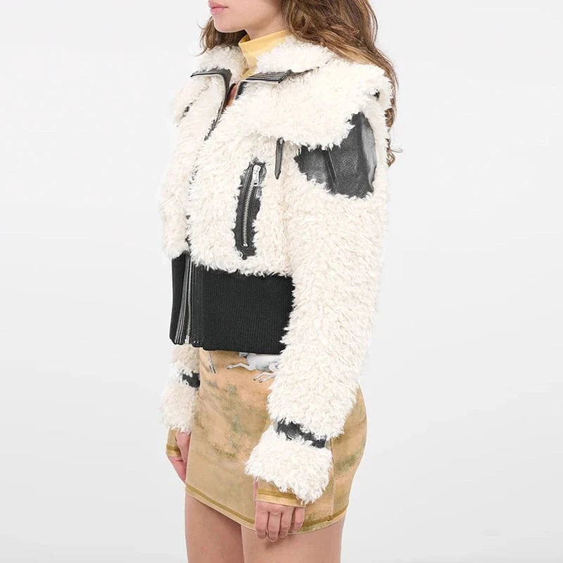 CHICEVER Winter Colorblock Loose Long Sleeve Patchwork Zippers Fur Jackets For Women 2023