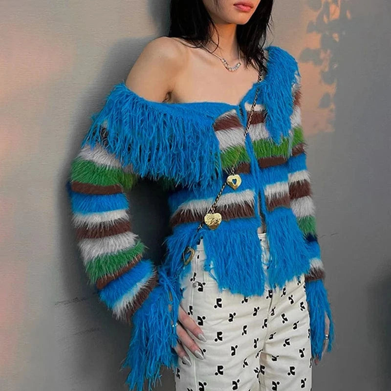 CHICEVER Winter New Slash Neck Long Sleeve Tassel Knitting Women Fall Sweater 2023