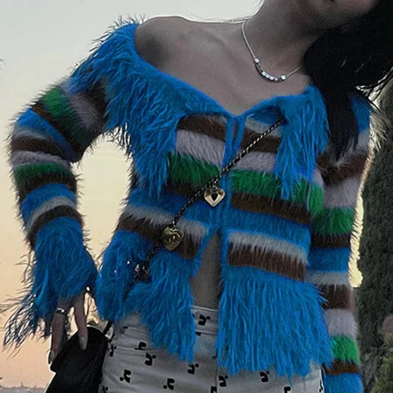 CHICEVER Winter New Slash Neck Long Sleeve Tassel Knitting Women Fall Sweater 2023