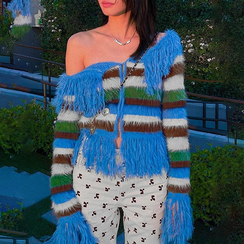 CHICEVER Winter New Slash Neck Long Sleeve Tassel Knitting Women Fall Sweater 2023