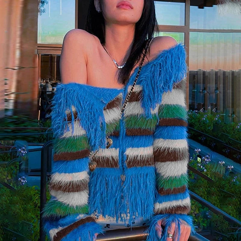 CHICEVER Winter New Slash Neck Long Sleeve Tassel Knitting Women Fall Sweater 2023