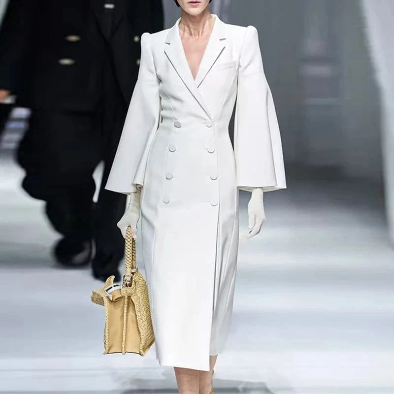 CHICEVER Winter Notched Collar Flare Sleeve Patchwork Double Breasted Jackets For Women 2023