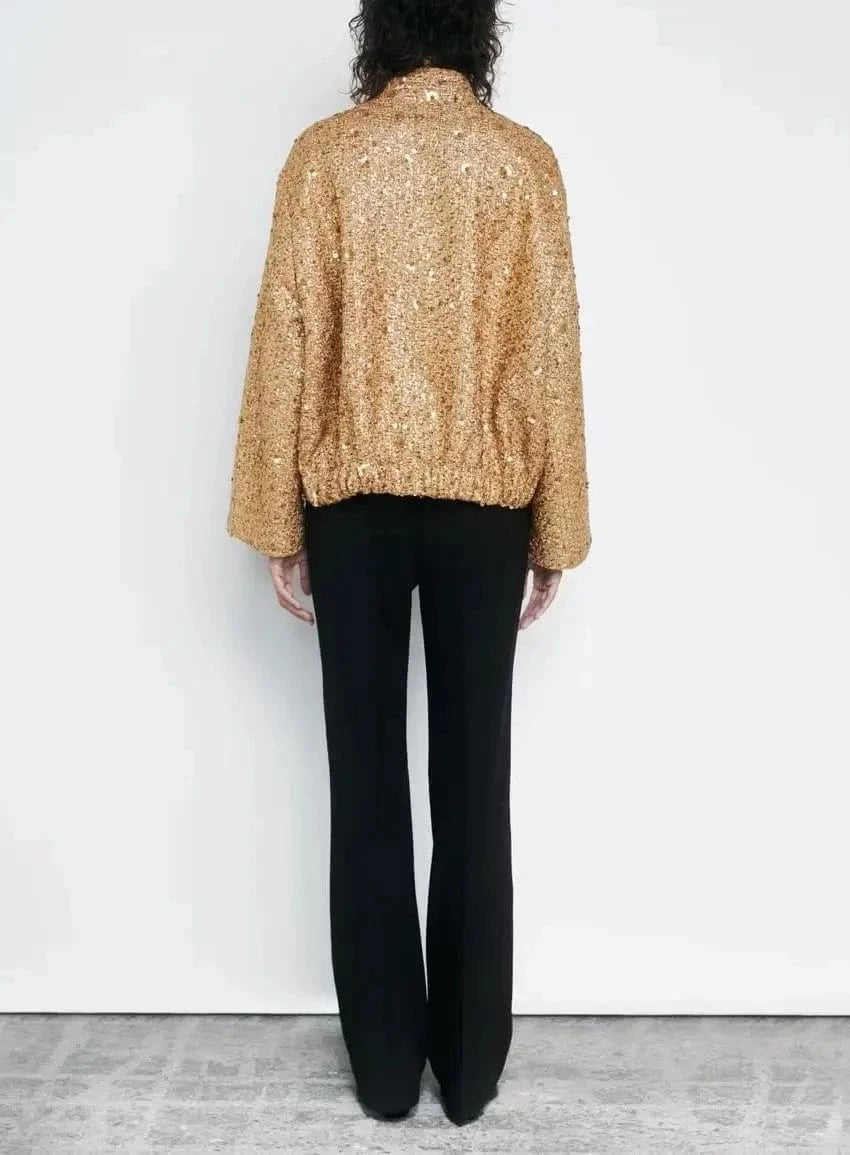 CHICEVER Winter Spliced Sequins Pocket Gold Long Sleeve Stand Collar Jackets for Women 2023 Casual Woven Standard High Street