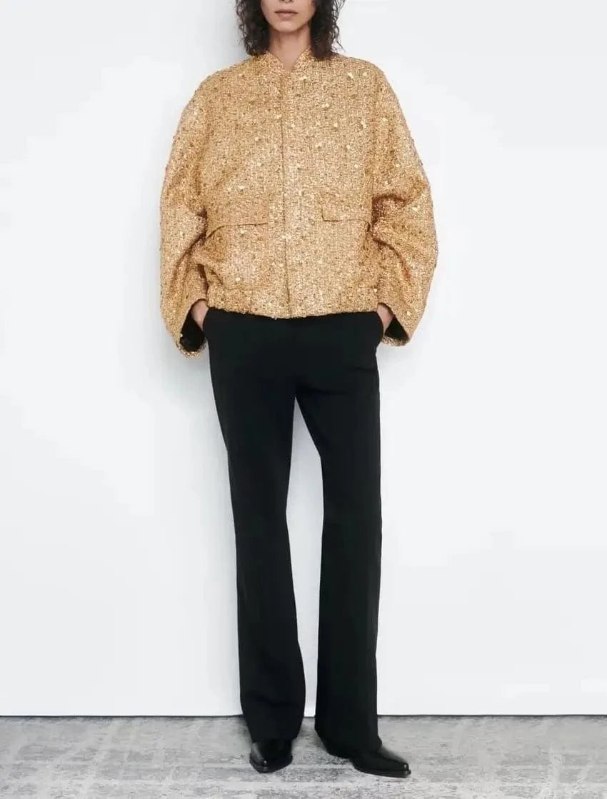 CHICEVER Winter Spliced Sequins Pocket Gold Long Sleeve Stand Collar Jackets for Women 2023 Casual Woven Standard High Street