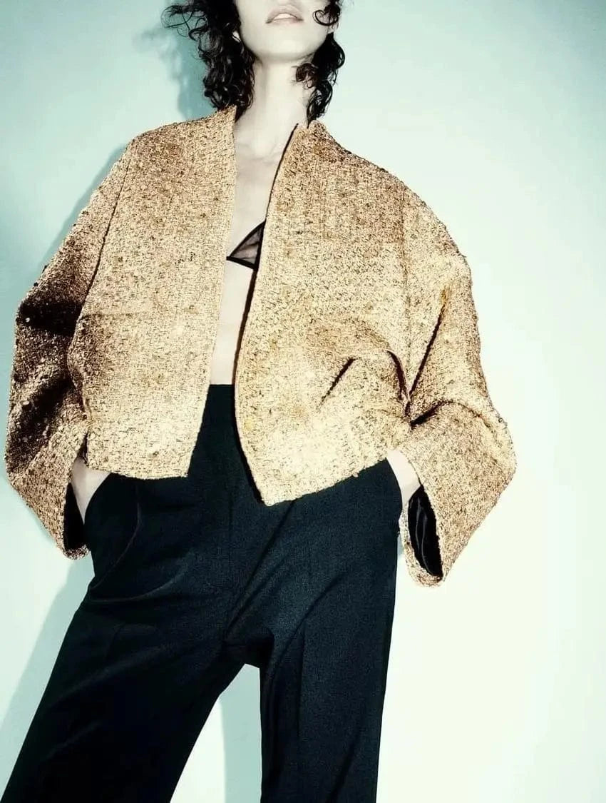 CHICEVER Winter Spliced Sequins Pocket Gold Long Sleeve Stand Collar Jackets for Women 2023 Casual Woven Standard High Street