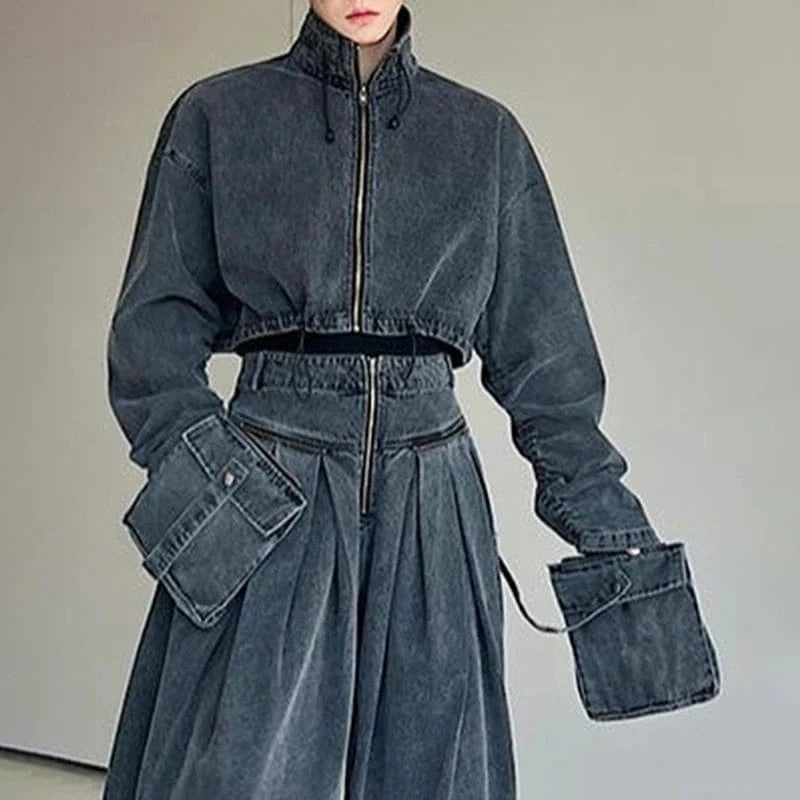 CHICEVER Winter Stand Collar Spliced Drawstring Long Sleeve Patchwork Zipper Women Jacket 2023