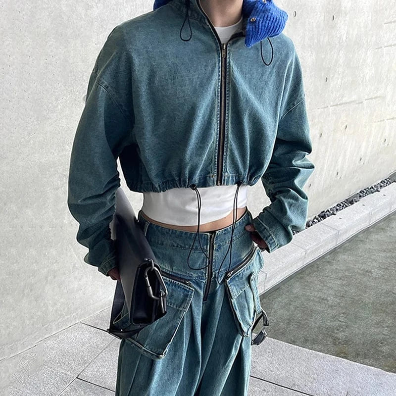 CHICEVER Winter Stand Collar Spliced Drawstring Long Sleeve Patchwork Zipper Women Jacket 2023