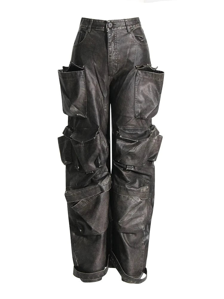 CHICEVER Winter Stitching Multiple Pockets Solid Color Leather Cargo Pants For Women