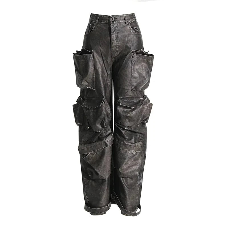 CHICEVER Winter Stitching Multiple Pockets Solid Color Leather Cargo Pants For Women