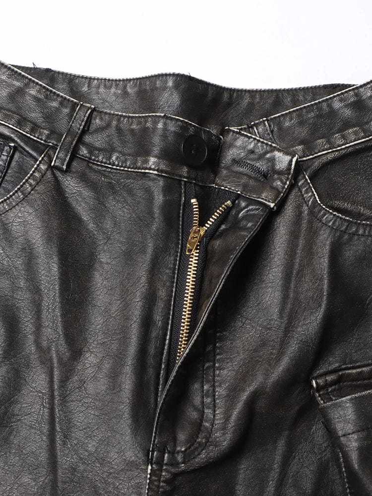 CHICEVER Winter Stitching Multiple Pockets Solid Color Leather Cargo Pants For Women