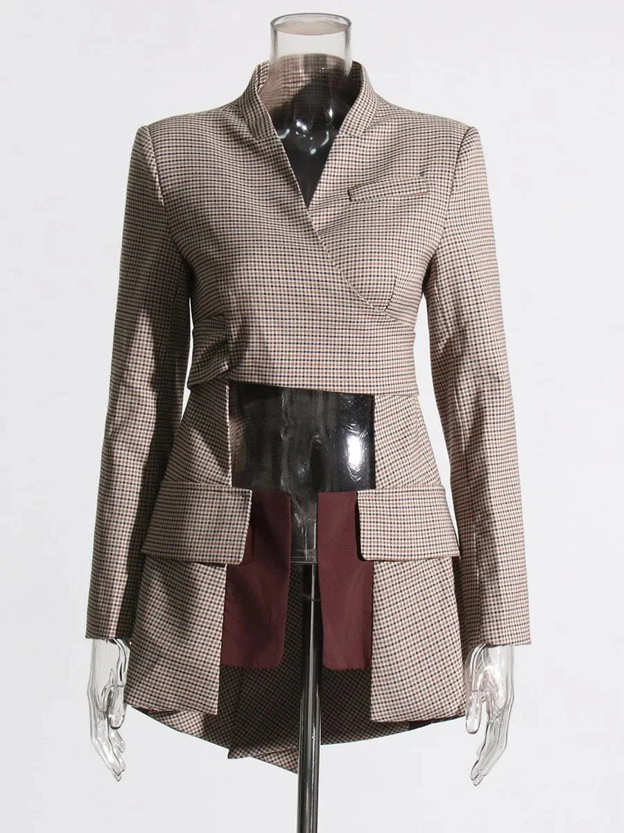 CHICEVER Winter V Neck Long Sleeve Colorblock Plaid Irregular Hem Jackets For Women 2023