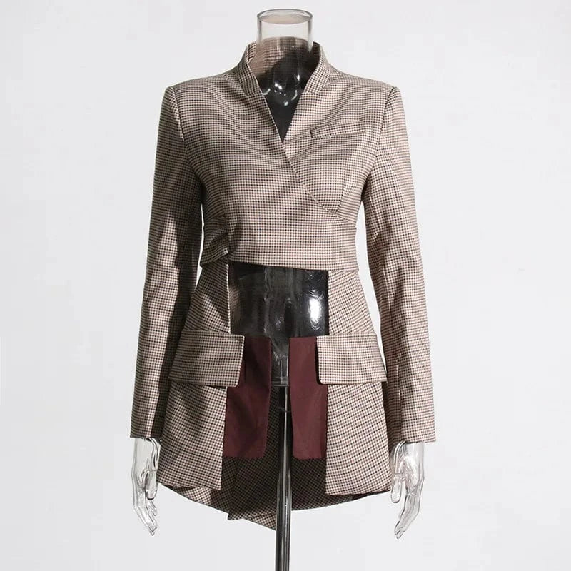 CHICEVER Winter V Neck Long Sleeve Colorblock Plaid Irregular Hem Jackets For Women 2023