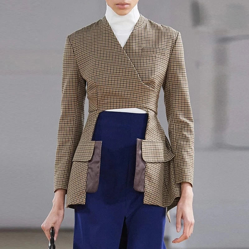 CHICEVER Winter V Neck Long Sleeve Colorblock Plaid Irregular Hem Jackets For Women 2023