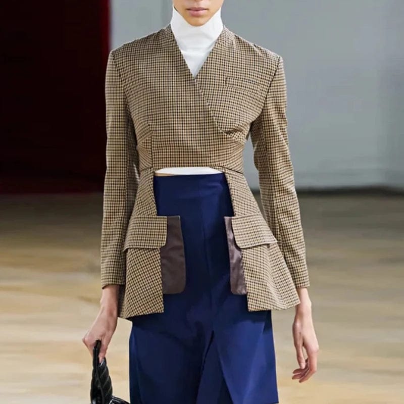 CHICEVER Winter V Neck Long Sleeve Colorblock Plaid Irregular Hem Jackets For Women 2023