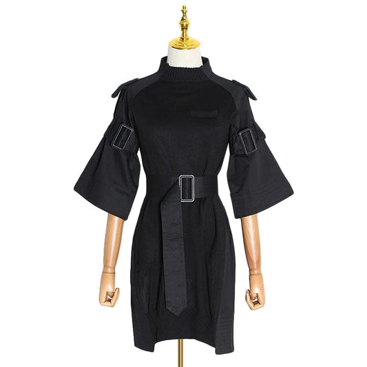 CHICEVER Women Dresses Belted Buckle Gather Waist Half Sleeve Slimming Mini Dress For Women