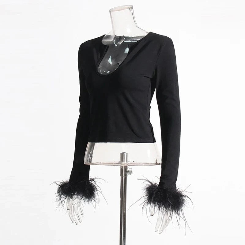 CHICEVER Women V Neck Long Sleeve Patchwork Feathers Knitted Crop Sweaters For Women