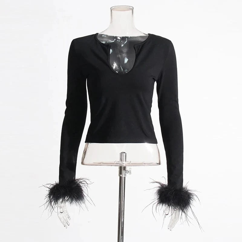 CHICEVER Women V Neck Long Sleeve Patchwork Feathers Knitted Crop Sweaters For Women