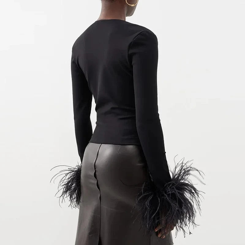 CHICEVER Women V Neck Long Sleeve Patchwork Feathers Knitted Crop Sweaters For Women