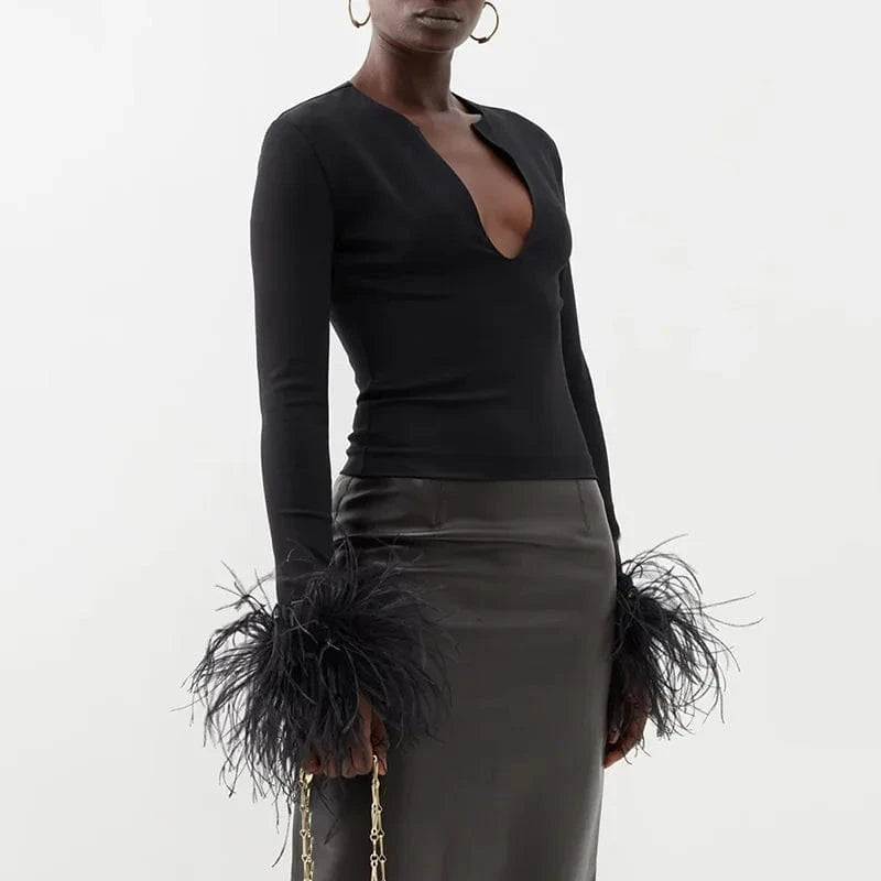 CHICEVER Women V Neck Long Sleeve Patchwork Feathers Knitted Crop Sweaters For Women