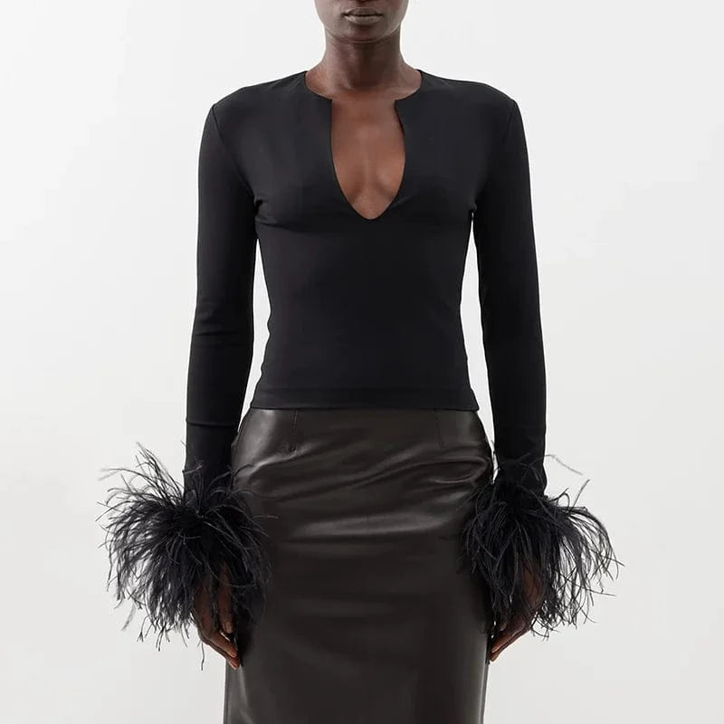 CHICEVER Women V Neck Long Sleeve Patchwork Feathers Knitted Crop Sweaters For Women