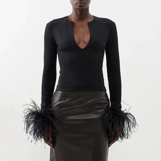 CHICEVER Women V Neck Long Sleeve Patchwork Feathers Knitted Crop Sweaters For Women