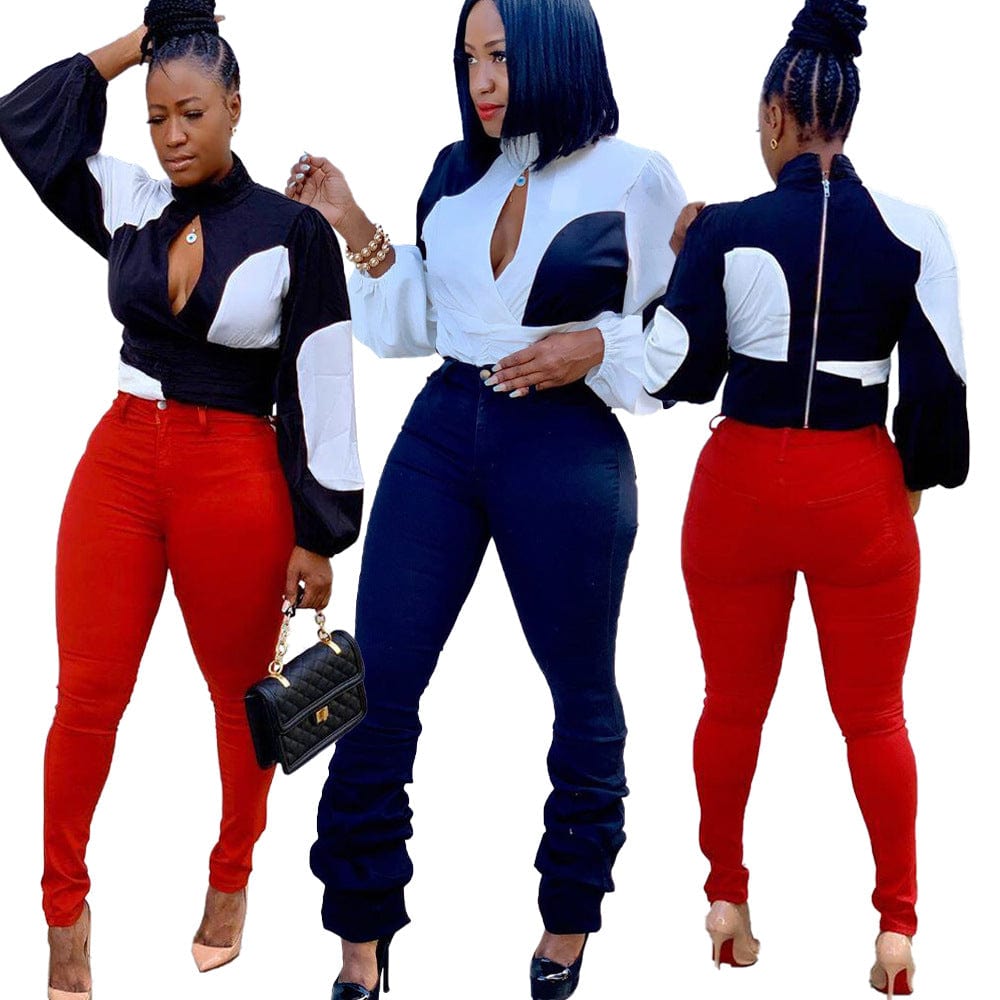 Chiffon Tops For Women Office Trendy Patchwork Zipper Back Shirts Blouses For Ladies Bandage Fashion Sexy Western Top