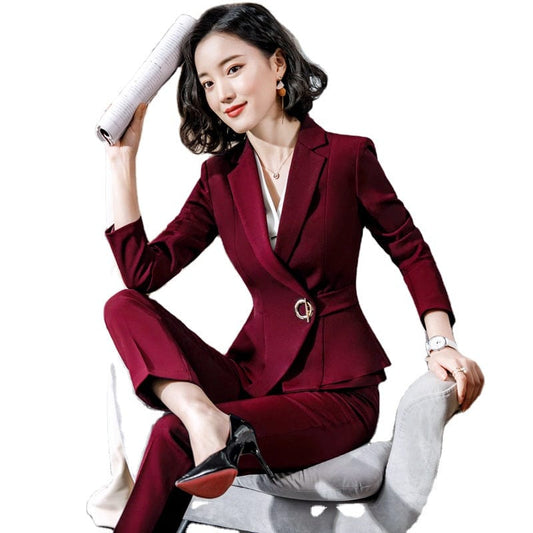 China Factory Burgundy Wholesaler 2 Piece Set Simple Formal Pant Suit Blazer Office Lady Designs Women Ruffles Jacket and Pant