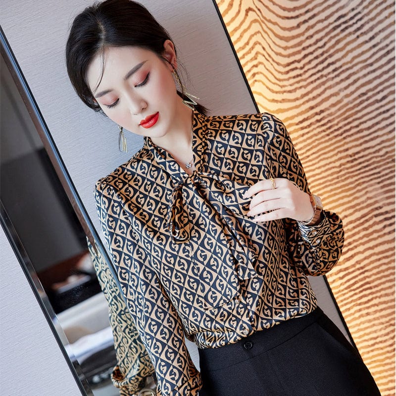 China Size S / Picture color Dropship High-quality Satin Smooth Soft Bow Shirt for Tie Elegant Tops Full Sleeve Office Lady Geometric Pattern Women Blouse