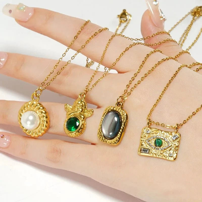 China wholesale zircon Pendant Low price fashion 18K Gold plating stainless steel necklace fresh water pearl Malachite necklace