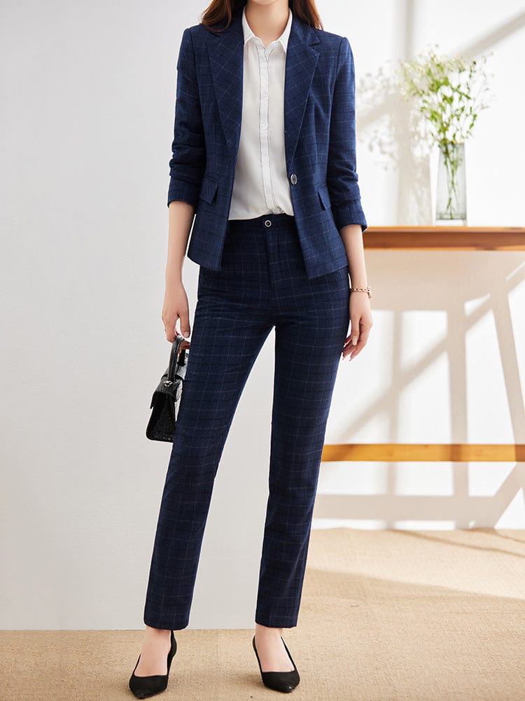 Chinese Size L / 2 Piece Blue Suit OEM High-quality Soft Comfortable 2 Piece Suits Set Plaid Formal Pant Suit Blazer Office Lady Uniform Women Jacket and Trouser