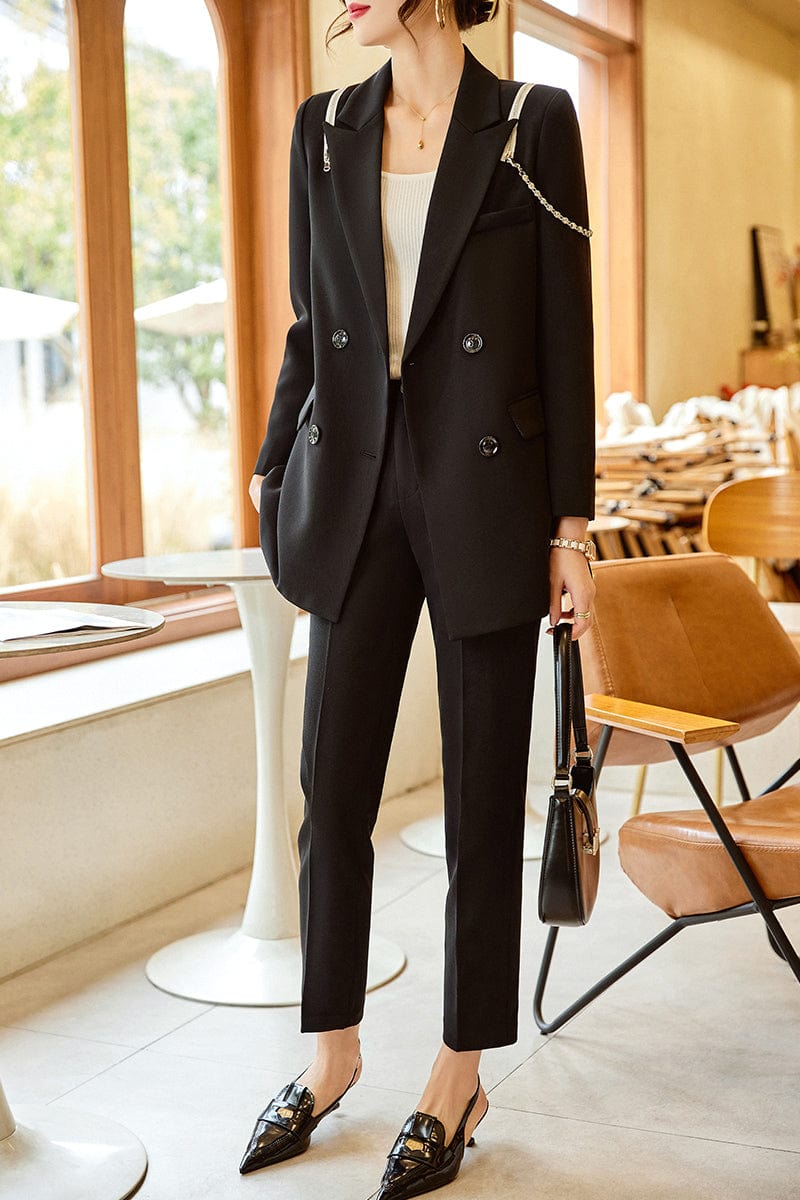 Chinese Size S / 2 Piece Black Pant Suit OEM Wholesale 2 Piece Solid Set for Women Business Office Lady Work Wear Double Breasted Clothes Blazer with Trousers