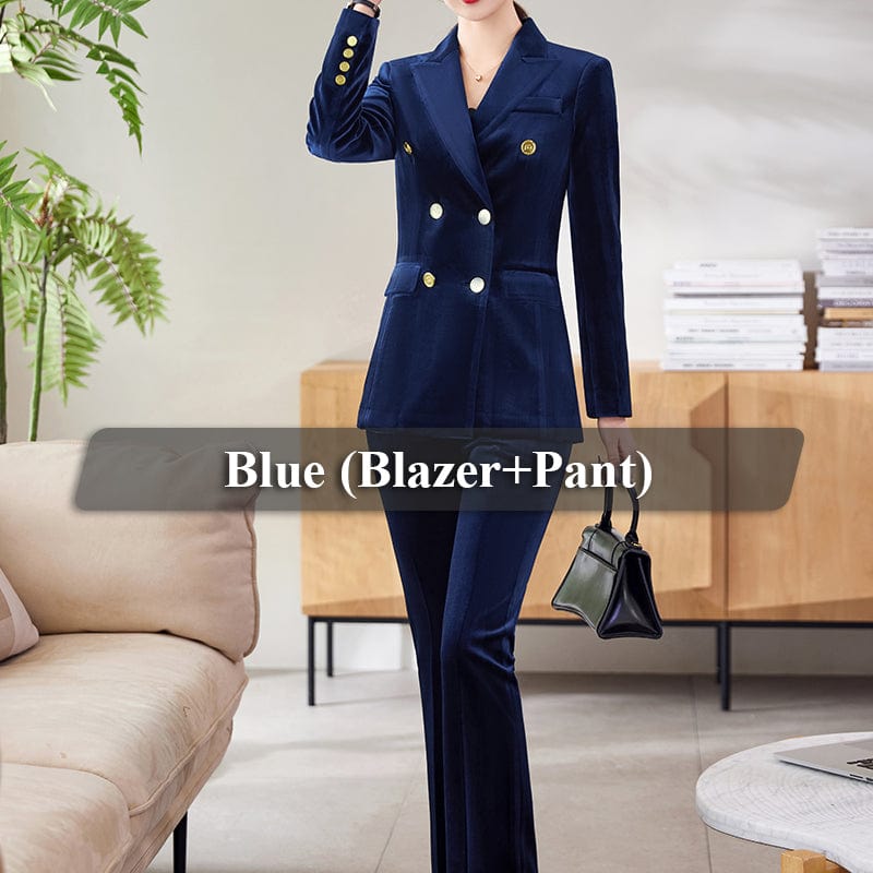 Chinese Size S / 2 Piece Blue Pant Suit OEM Wholesale 2 Piece Solid Set for Women Business Office Lady Work Wear Double Breasted Fashion Clothes Blazer with Trousers
