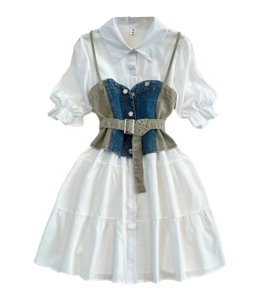 Clashing Denim Vest Vest Women Two Piece Long Sleeve Lapel A-Line White Shirt Dresses