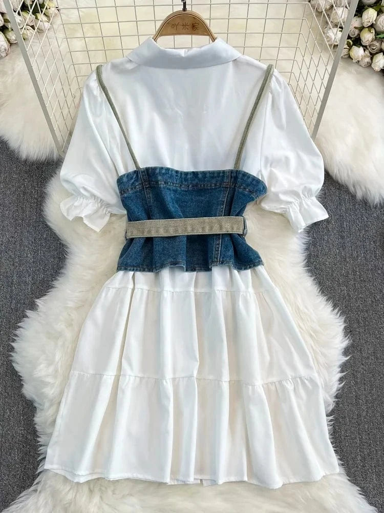 Clashing Denim Vest Vest Women Two Piece Long Sleeve Lapel A-Line White Shirt Dresses