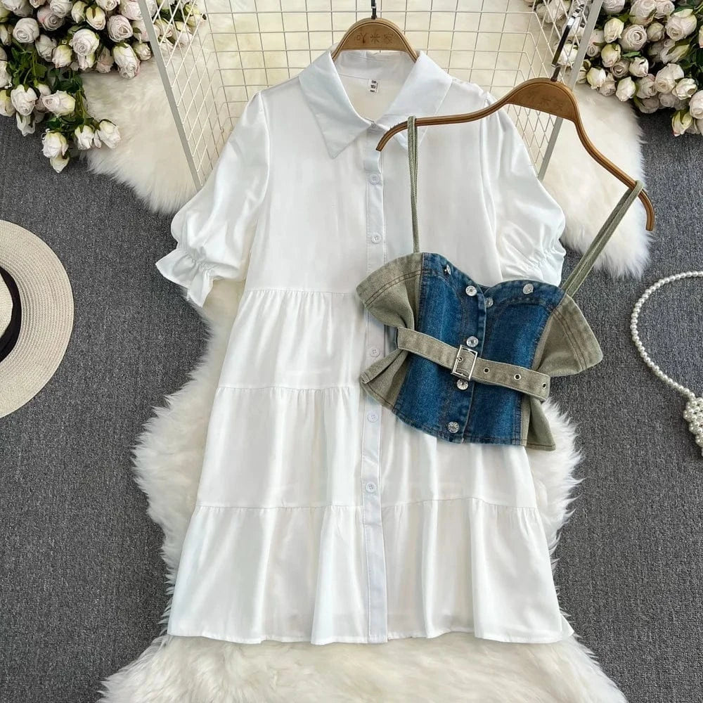 Clashing Denim Vest Vest Women Two Piece Long Sleeve Lapel A-Line White Shirt Dresses