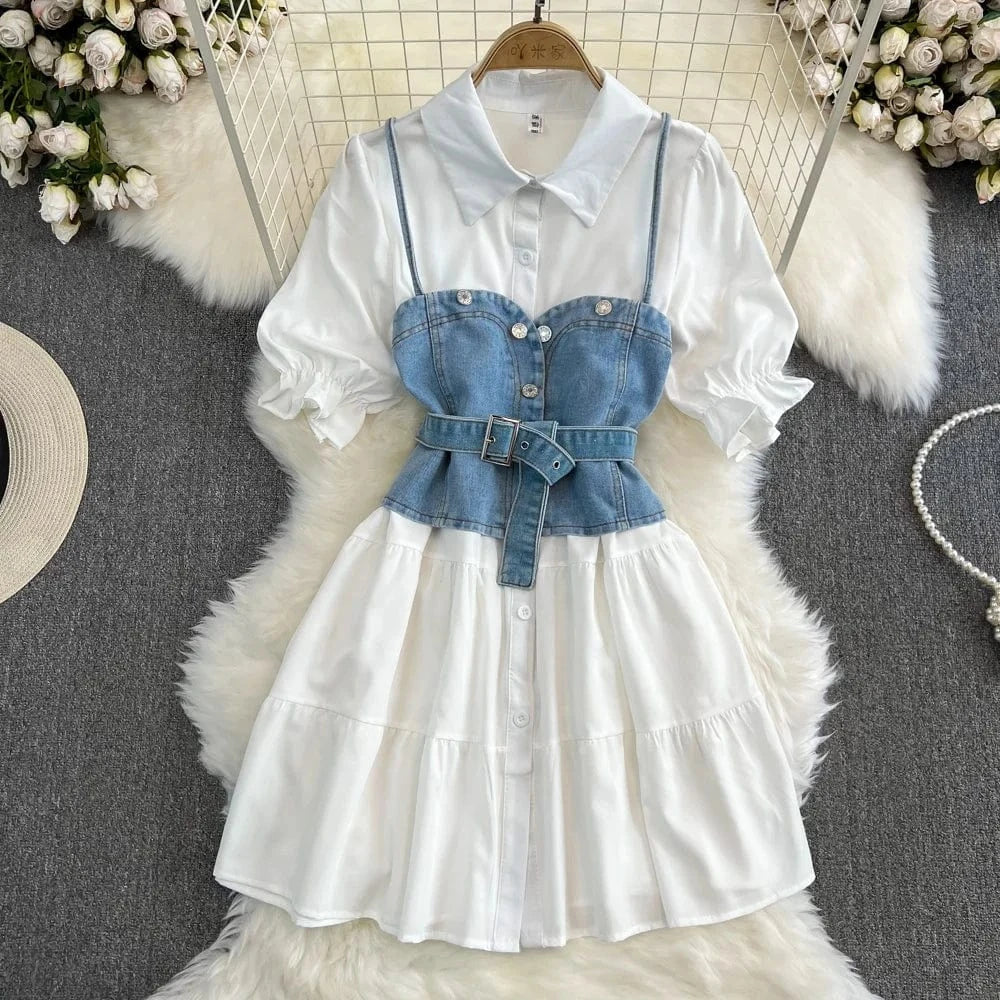 Clashing Denim Vest Vest Women Two Piece Long Sleeve Lapel A-Line White Shirt Dresses
