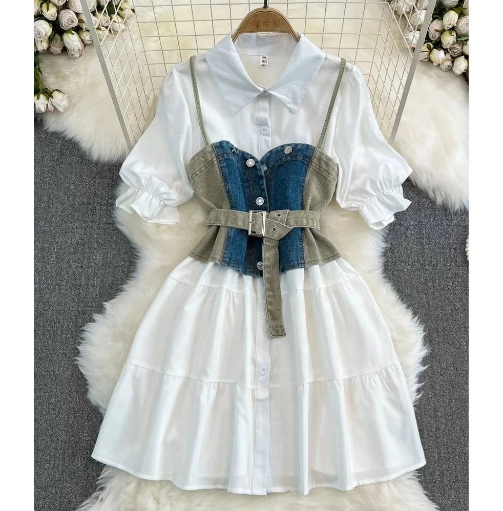 Clashing Denim Vest Vest Women Two Piece Long Sleeve Lapel A-Line White Shirt Dresses