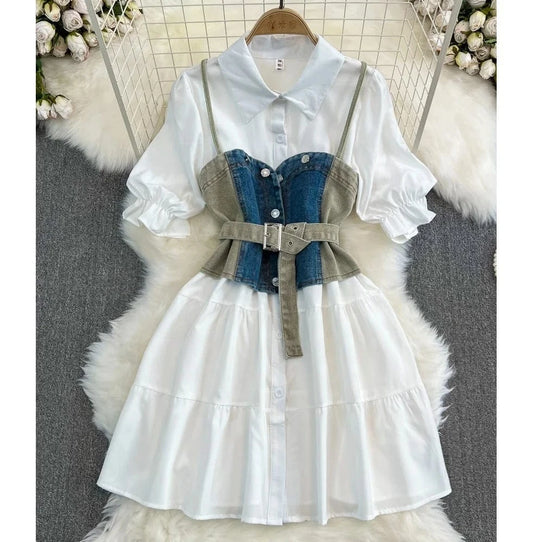 Clashing Denim Vest Vest Women Two Piece Long Sleeve Lapel A-Line White Shirt Dresses
