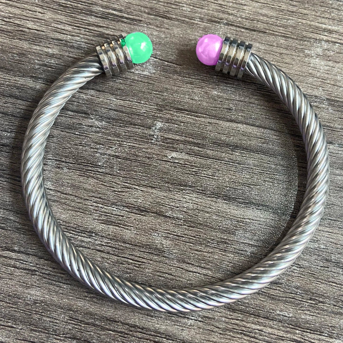 classic / 19CM / 2 Customize Color Designer Pink Green Pearl Cuff Open Full Bangle Stainless Steel Cable Twist Bracelet Women Wedding Jewelry