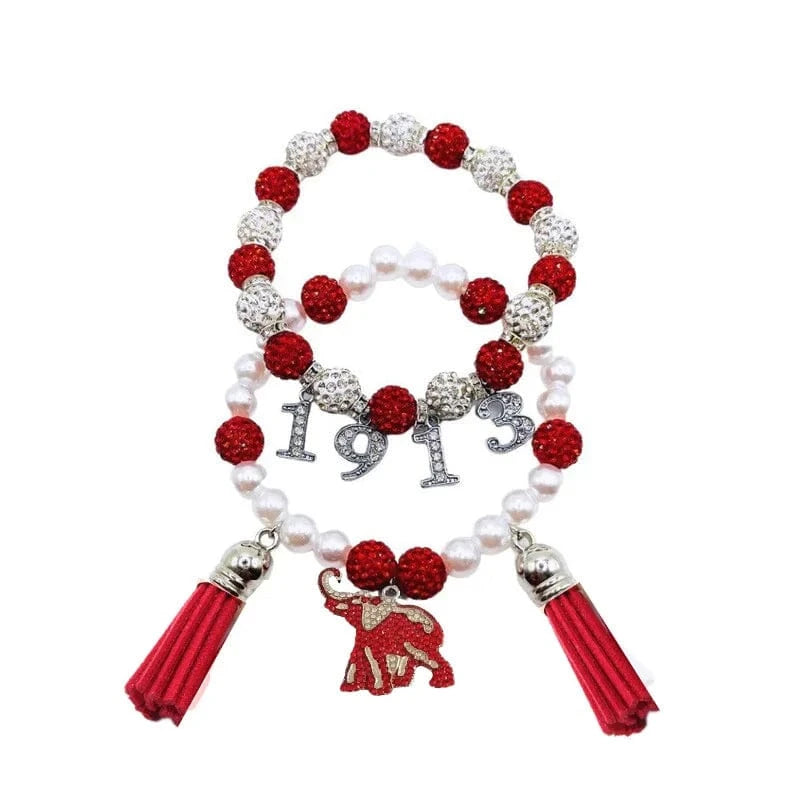 classic / 19CM / double Delta Red White Beaded Custom Elastic Handmade Bracelets DST Rhinestone 1913 Elephant Charm Tassel Bracelet