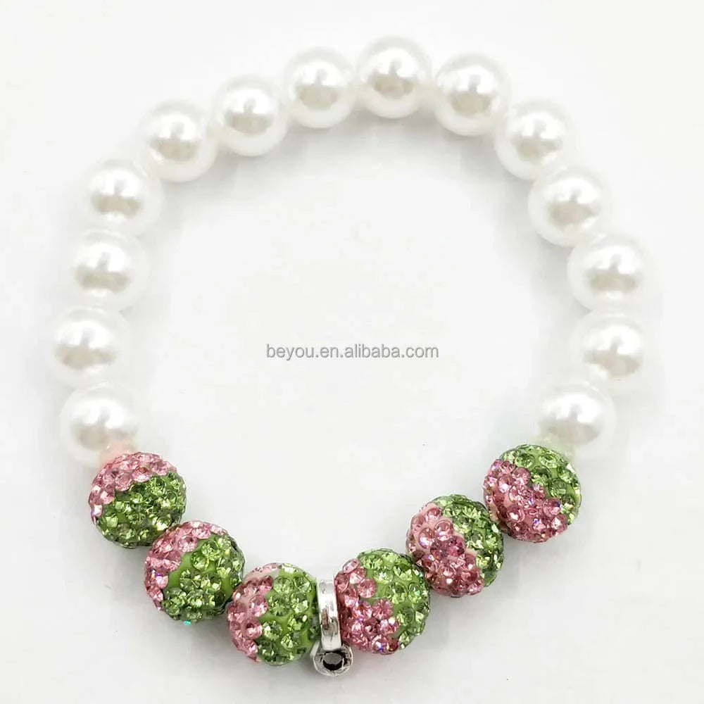 classic / 19CM / green yellow Chi Eta Phi Handmade Greek Society XHP High Quality Pearl Bead Bracelet Green Yellow Shambhala Beads Bangle Jewelry Accessories