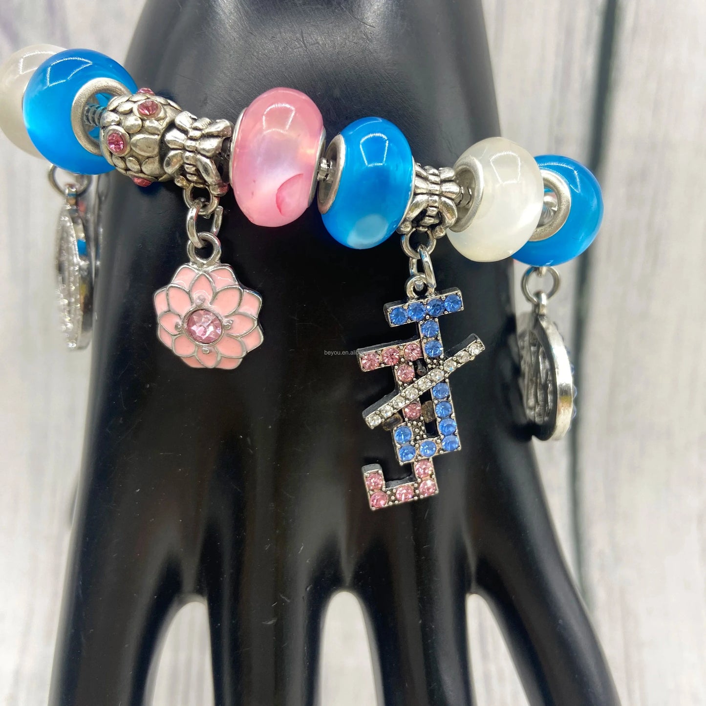 classic / 19CM / jj Custom Adjustable Greek Pink Blue Beads Jack and Jill Circular Flower Family 1938 Charm Bracelet Bracelets Accessories