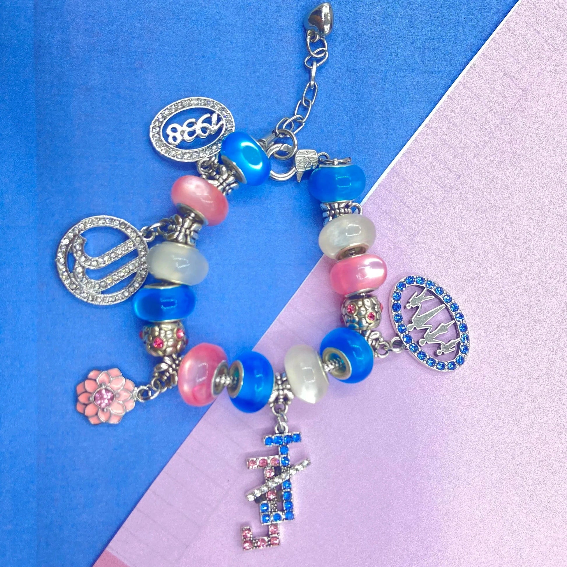 classic / 19CM / jj Custom Adjustable Greek Pink Blue Beads Jack and Jill Circular Flower Family 1938 Charm Bracelet Bracelets Accessories