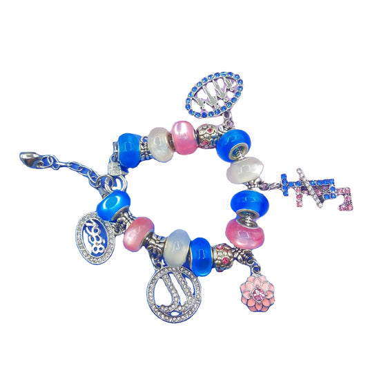 classic / 19CM / jj Custom Adjustable Greek Pink Blue Beads Jack and Jill Circular Flower Family 1938 Charm Bracelet Bracelets Accessories
