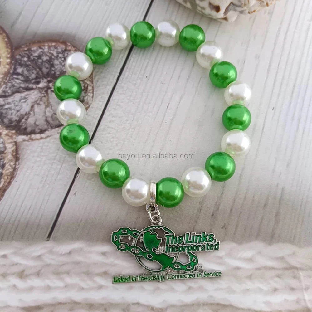 classic / 19CM / links New Elastic HandMade Greek Sorority Green White Irregular Beads Chain DIY LINKS Charm Bracelet Gold Tassel Jewelry Accessories