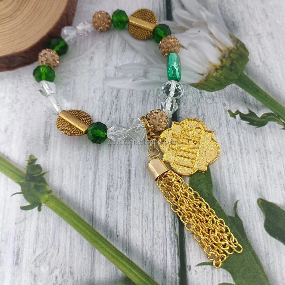 classic / 19CM / links New Elastic HandMade Greek Sorority Green White Irregular Beads Chain DIY LINKS Charm Bracelet Gold Tassel Jewelry Accessories