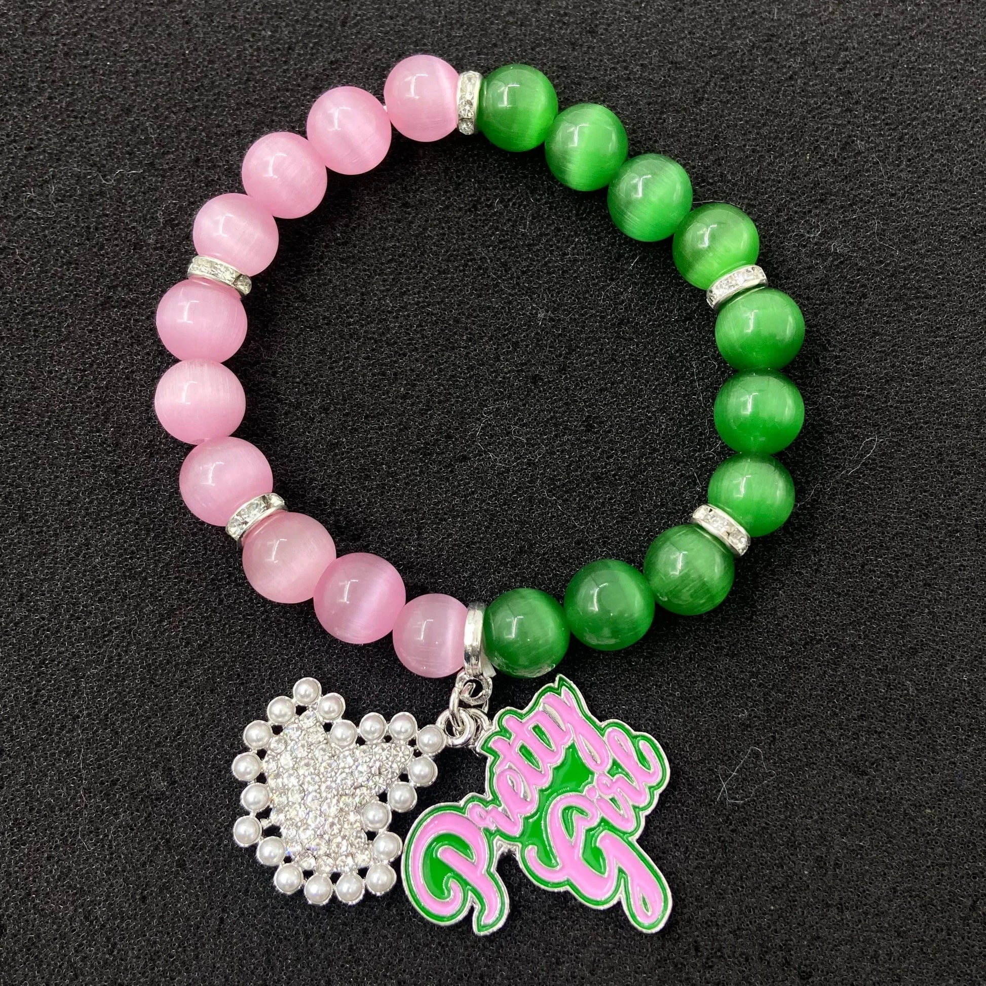 classic / 19CM / Pink green Pink Green Chatoyant Stone Bling Maple Enamel Rhinestones Pendant Elastic Bracelet Jewelry For Girl Women Gift