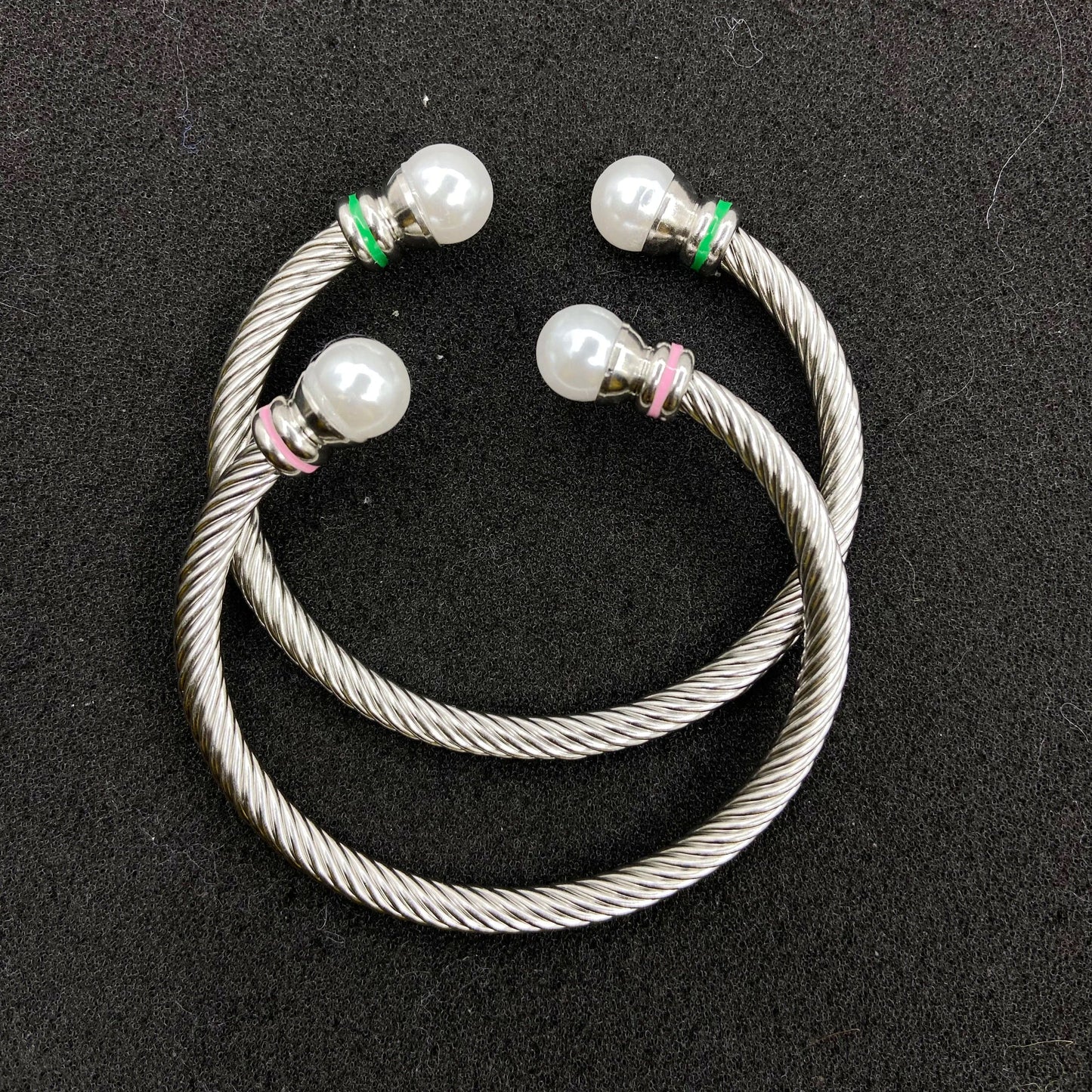 classic / 19CM / Pink  green set Pink Green Custom Stainless Steel Open Bracelet Single Layers Big Pearl Bangle Women's Jewelry Gift