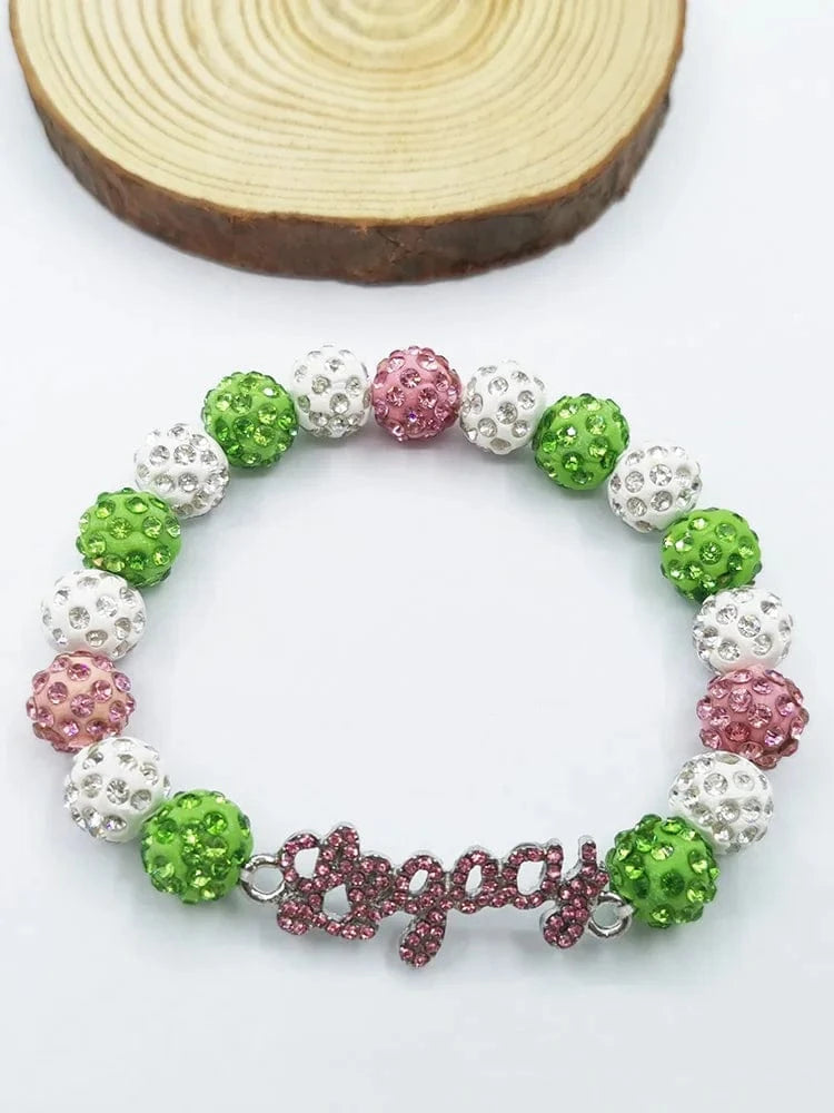 classic / 19CM / Pink Letter Green Pink Greek Letter Finer Sorority Bling Rhinestones Legacy Bracelet Jewelry For Girl Women Gift